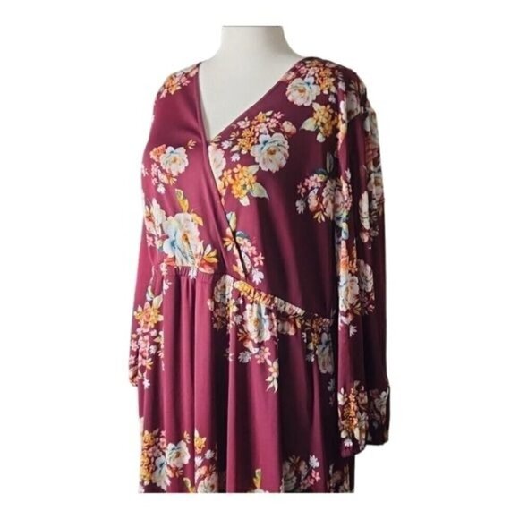 Burgundy Cherry Maroon Floral Fall Maxi Dress w/ Lace 3X Boho Chic Cottagecore - Picture 4 of 12